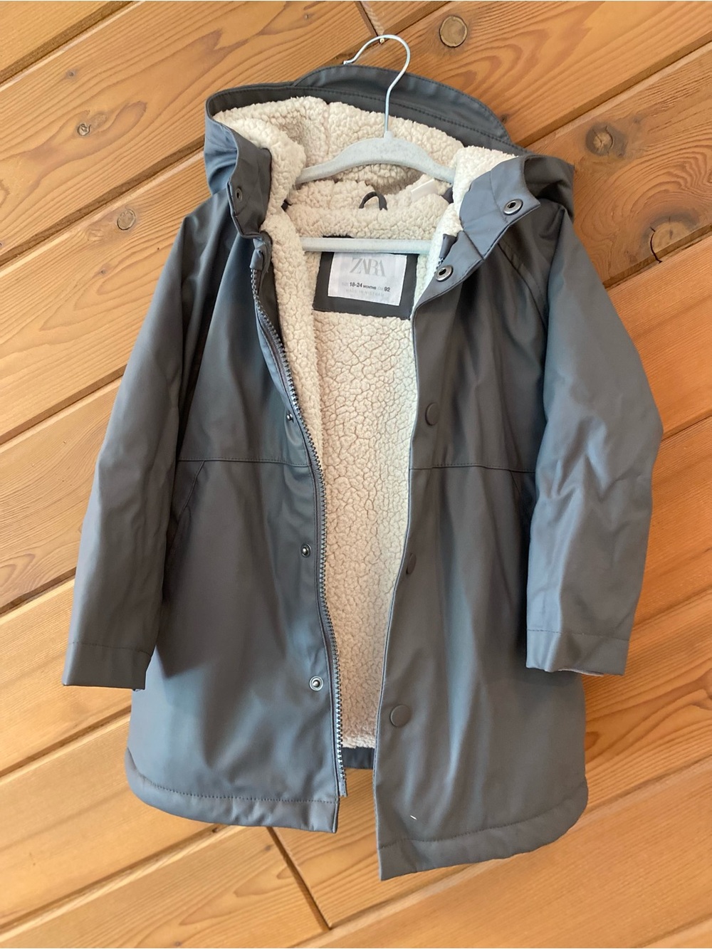 Zara Kids Gray Hooded Sherpa-Lined Raincoat